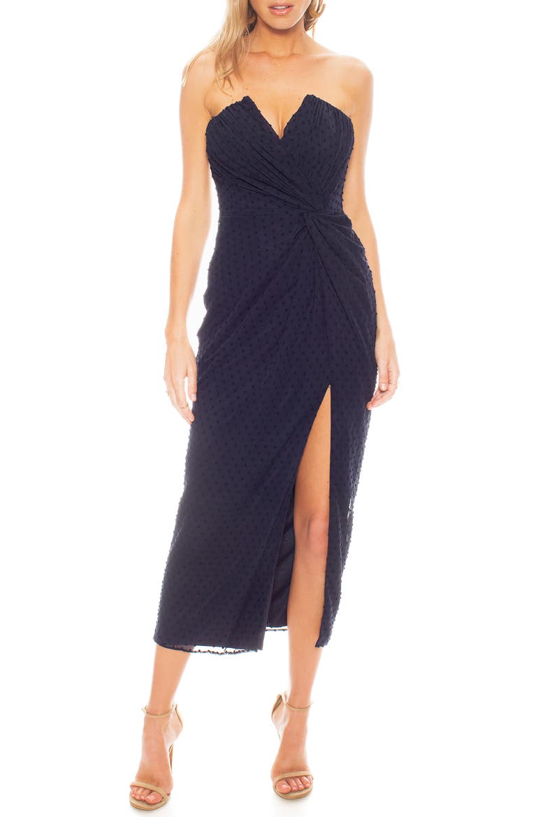 Come On Home Clip Dot Strapless Dress, Main, color, NAVY