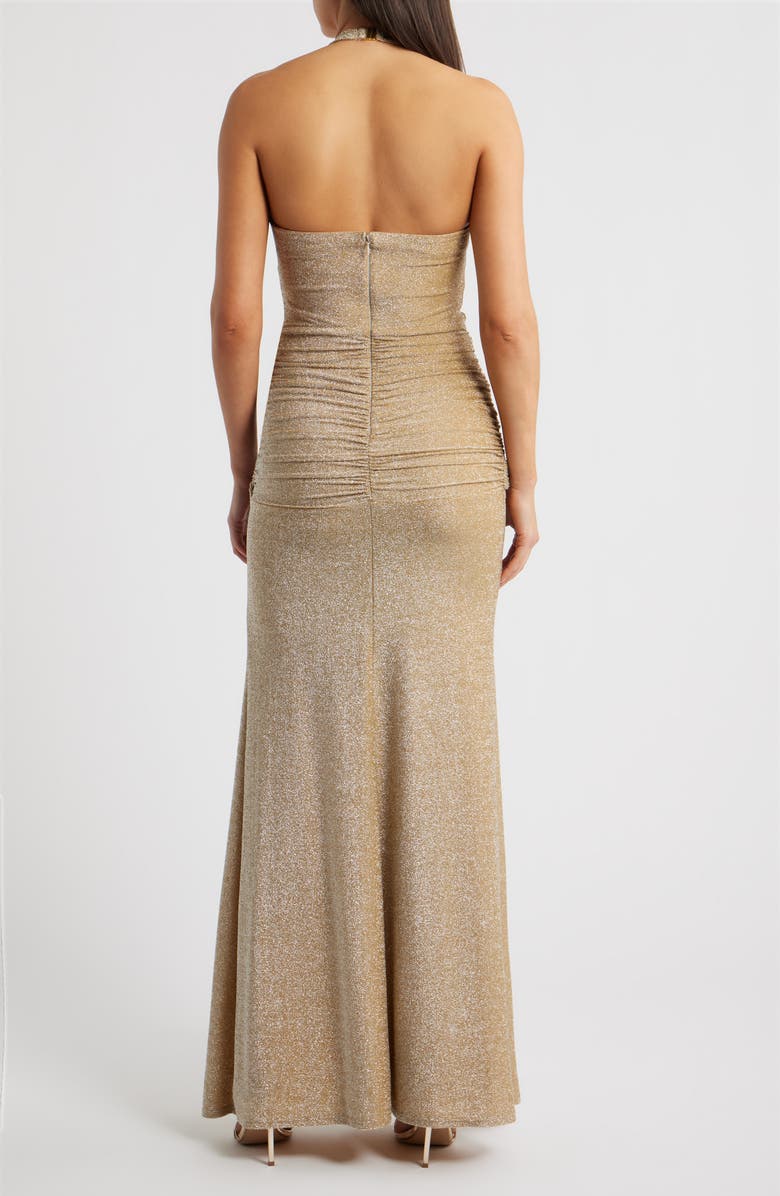 Delfi Collective Soraya Metallic Jersey Halter Column Gown, Alternate, color, Gold