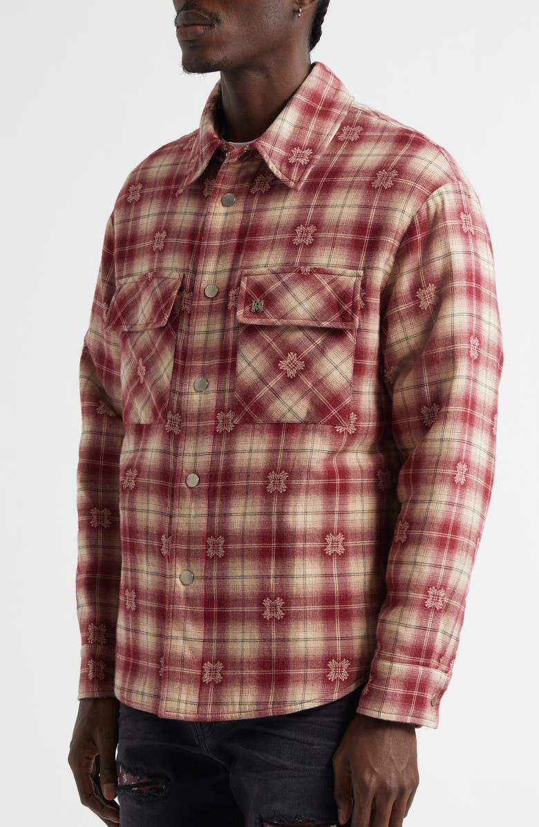 AMIRI Plaid Fleece Lined Cotton Flannel Snap-Up Overshirt, Alternate, color, Deep Red