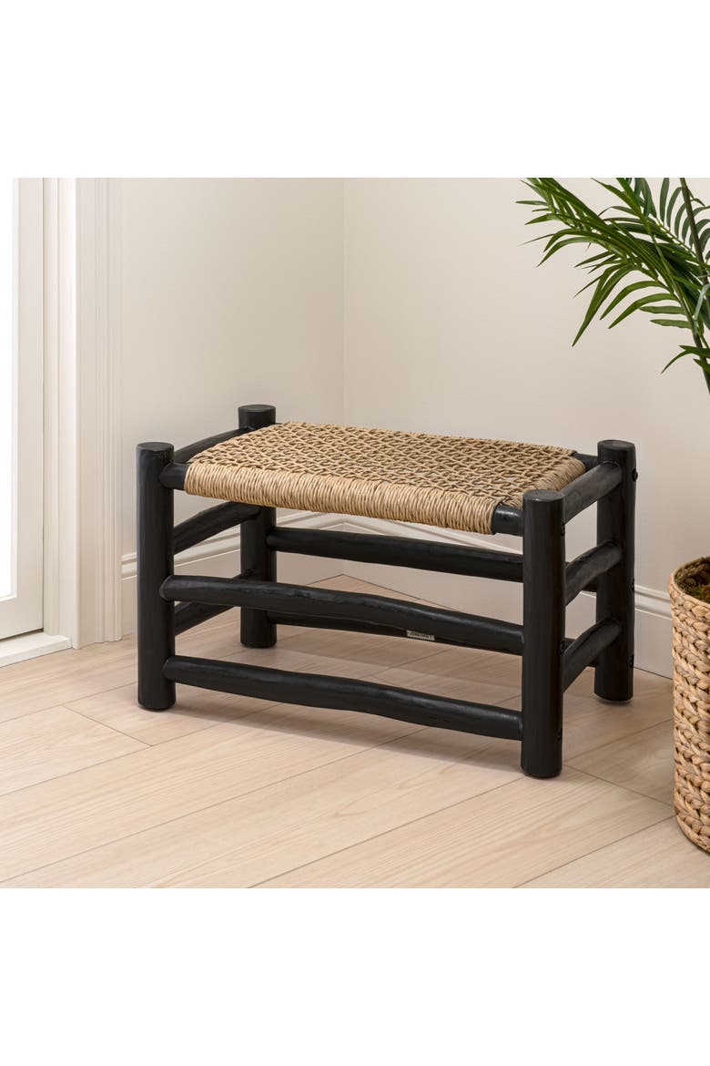 Chuck Bohemian Handcrafted Woven Synthetic Rattan Seat and Wood Indoor/Outdoor Backless Accent Stool, Alternate, color, Black