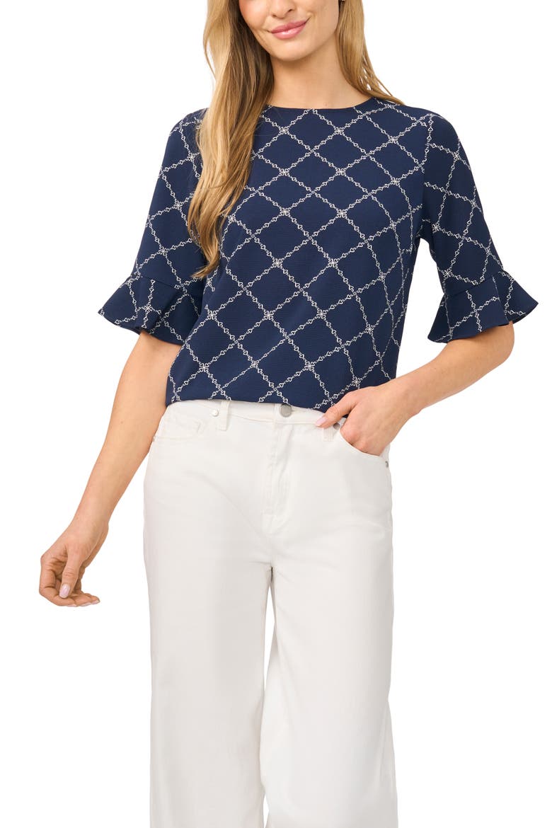 Print Ruffle Cuff Top, Main, color, CLASSIC NAVY