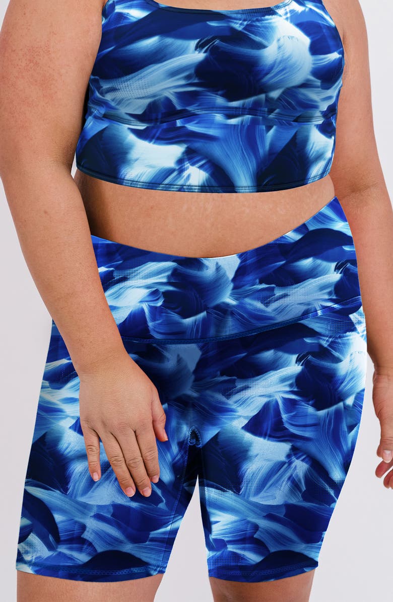 Calypsa Plus Size Tummy Control Long Bike Swim Shorts, Main, color, Navy Wave