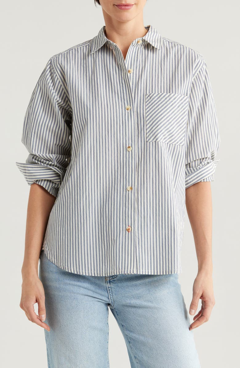 Marine Layer Abbey Stripe Cotton Poplin Button-Up Shirt, Main, color, Navy Stripe