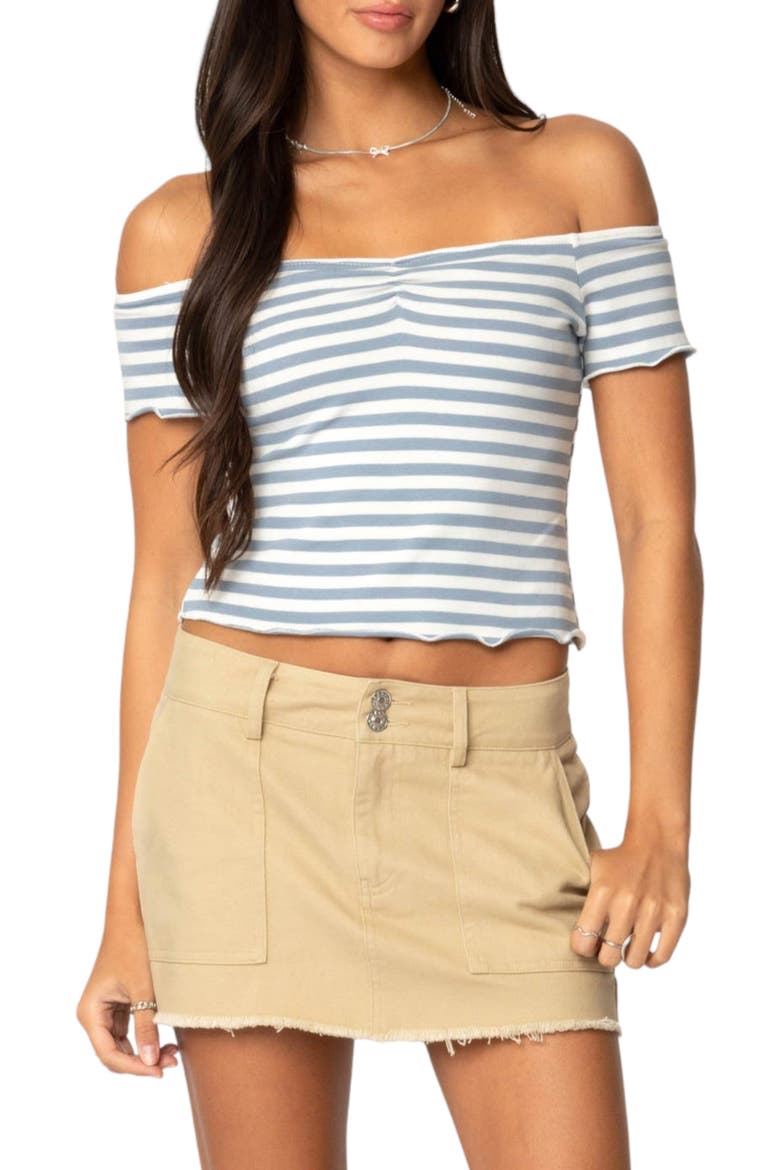 Shara Stripe Off the Shoulder Stretch Cotton Top, Main, color, BLUE-AND-WHITE
