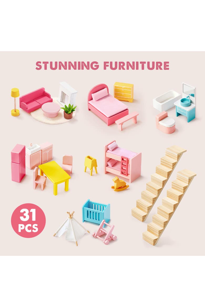 6 Room Wooden Dollhouse Set with Furniture for Kids, Alternate, color, Multicolor