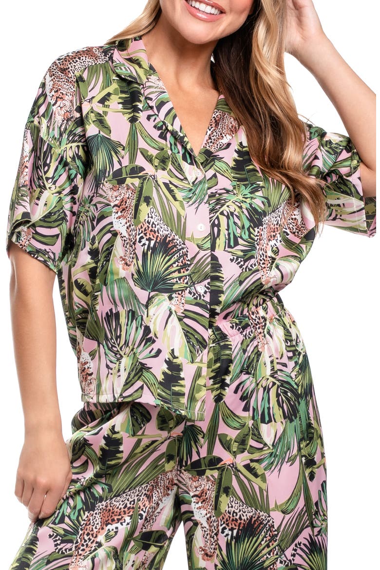 Jungle Print Button-Up Top & Pants Pajamas, Alternate, color, PINK