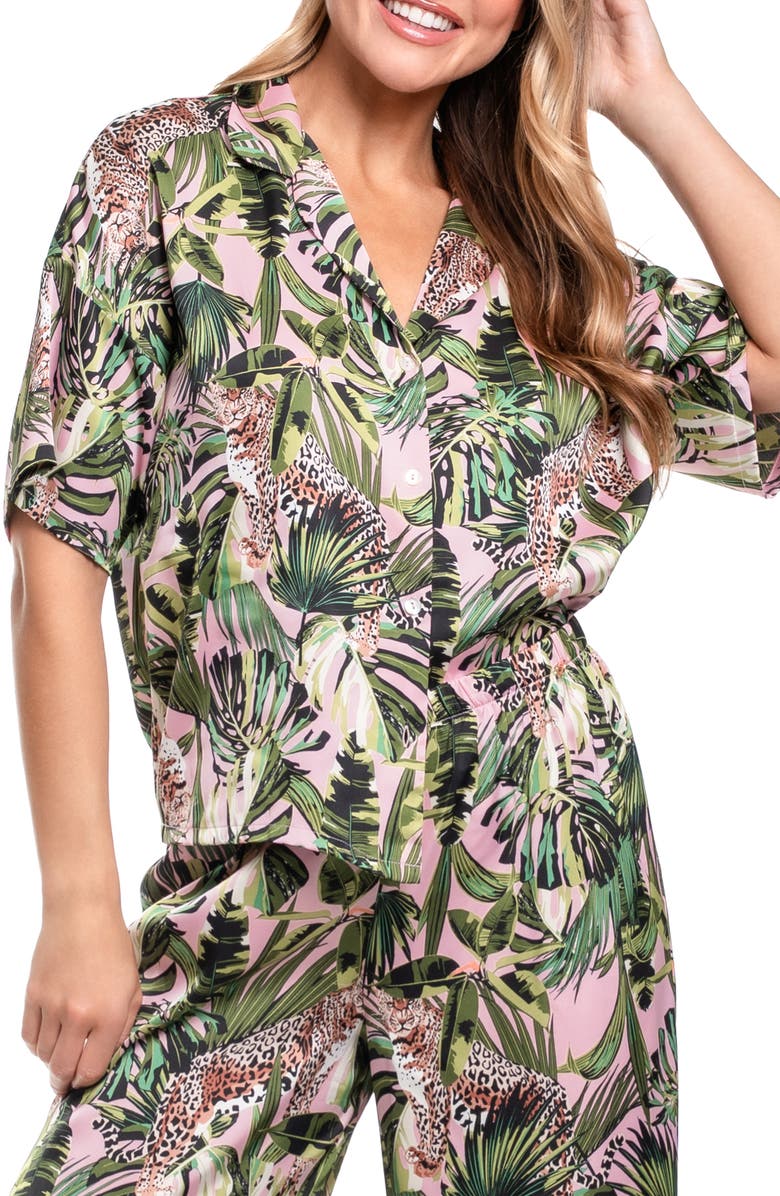 Midnight Bakery Jungle Print Button-Up Top & Pants Pajamas, Alternate, color, Pink