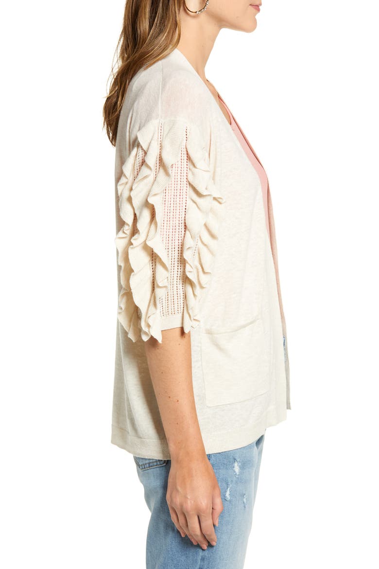 Ruffle Sleeve Cardigan Sweater, Alternate, color, BEIGE OATMEAL HEATHER