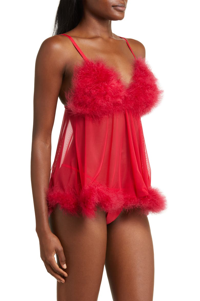 Feathery Babydoll Chemise & G-String Set, Alternate, color, RED