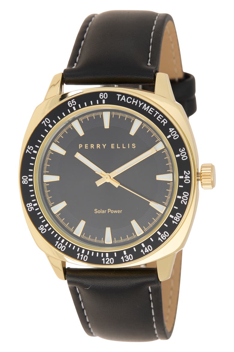 Solar 3-Hand Quartz Faux Leather Strap Watch, 44mm, Main, color, GOLD