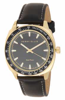 Perry Ellis Solar 3-Hand Quartz Faux Leather Strap Watch, 44mm