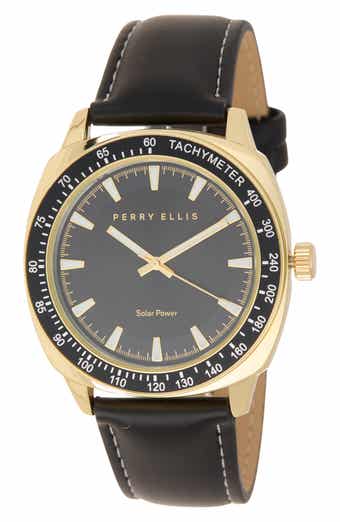 Perry Ellis Solar 3-Hand Quartz Faux Leather Strap Watch, 44mm
