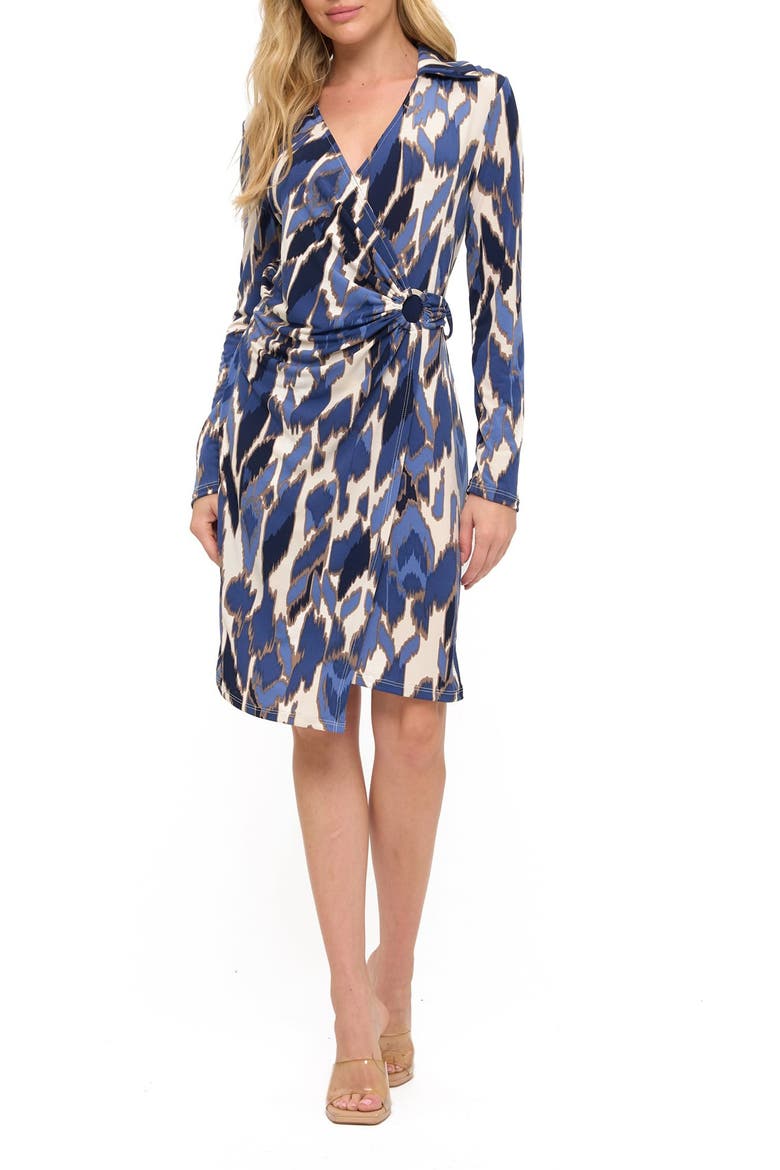 Long Sleeve Faux Wrap Dress, Main, color, BLUE MULTI