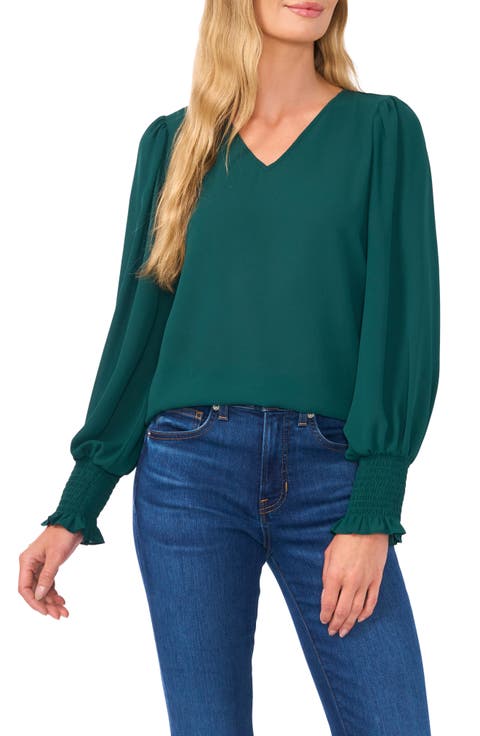 Smocked Cuff V-Neck Top
