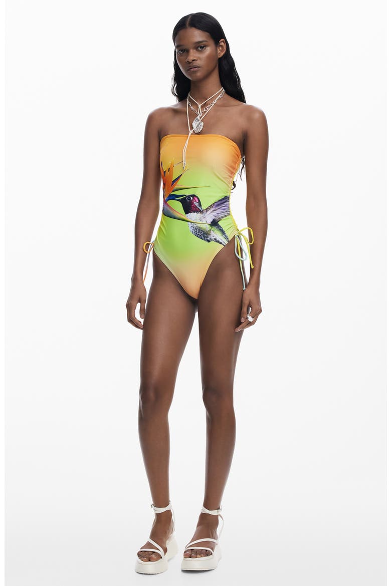 Hummingbird One-Piece Swimsuit, Alternate, color, YELLOW MULTI