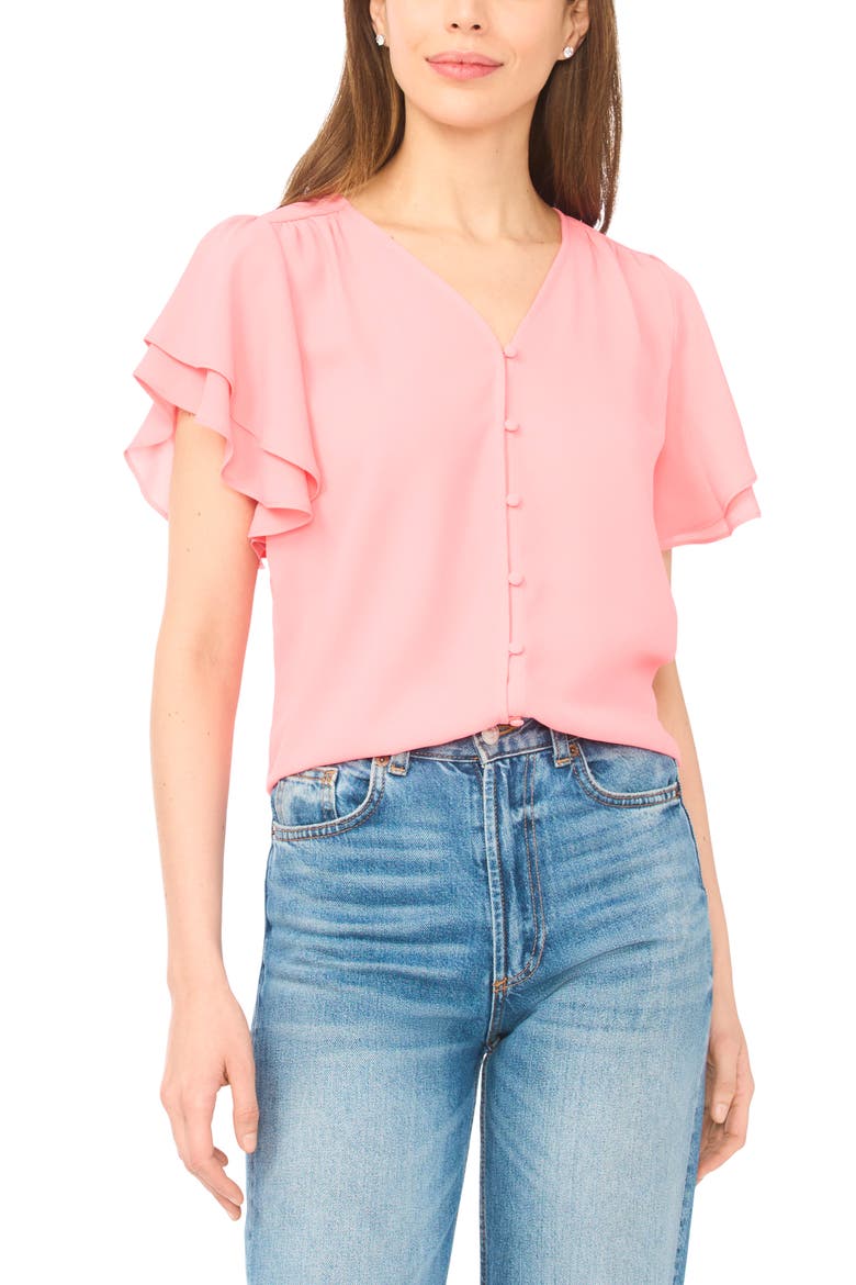 Double Flutter Sleeve V-Neck Top, Main, color, CORAL BLOOM