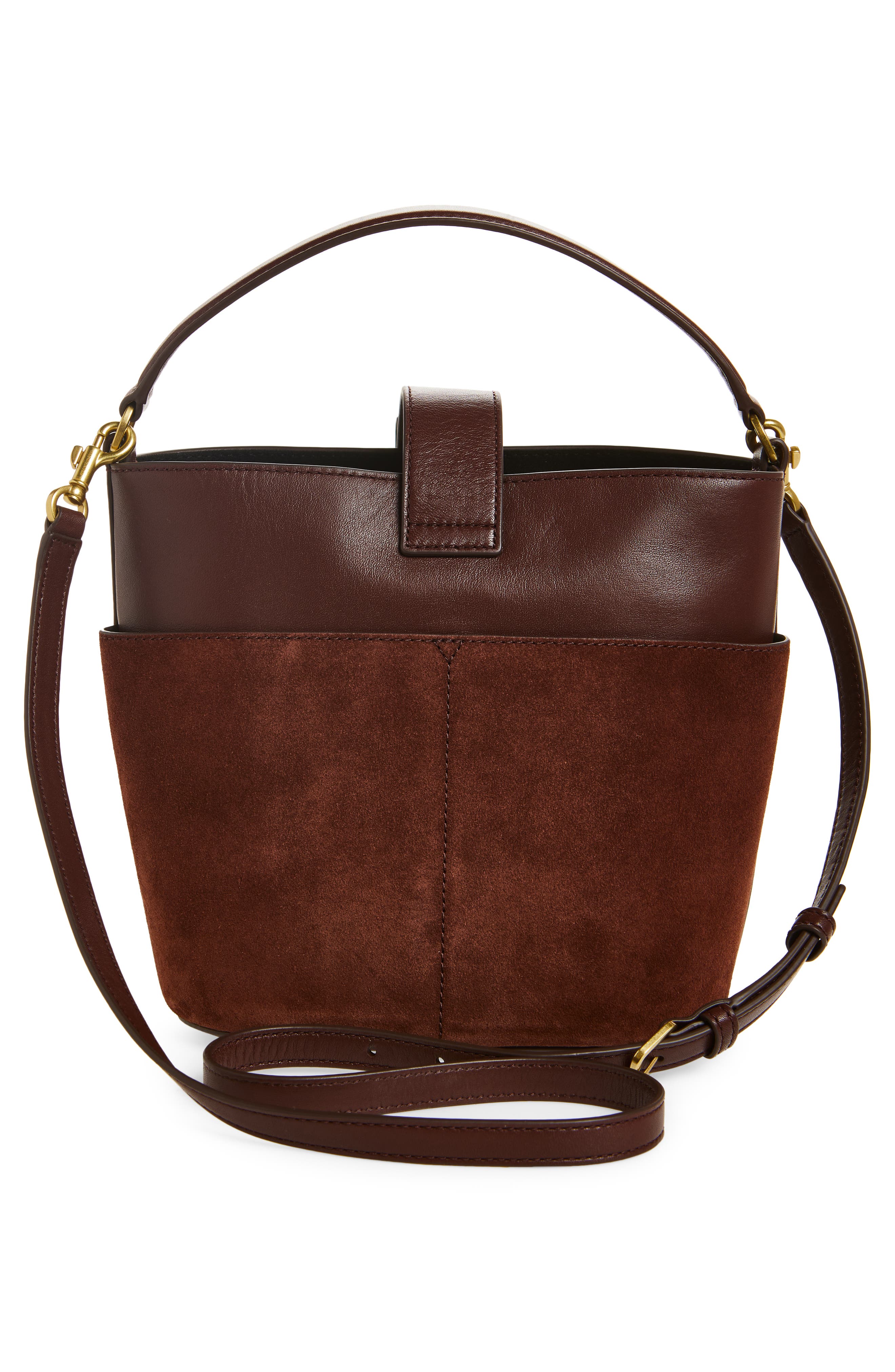 Small Crest Lock Leather Bucket Bag, Alternate, color, CHESTNUT