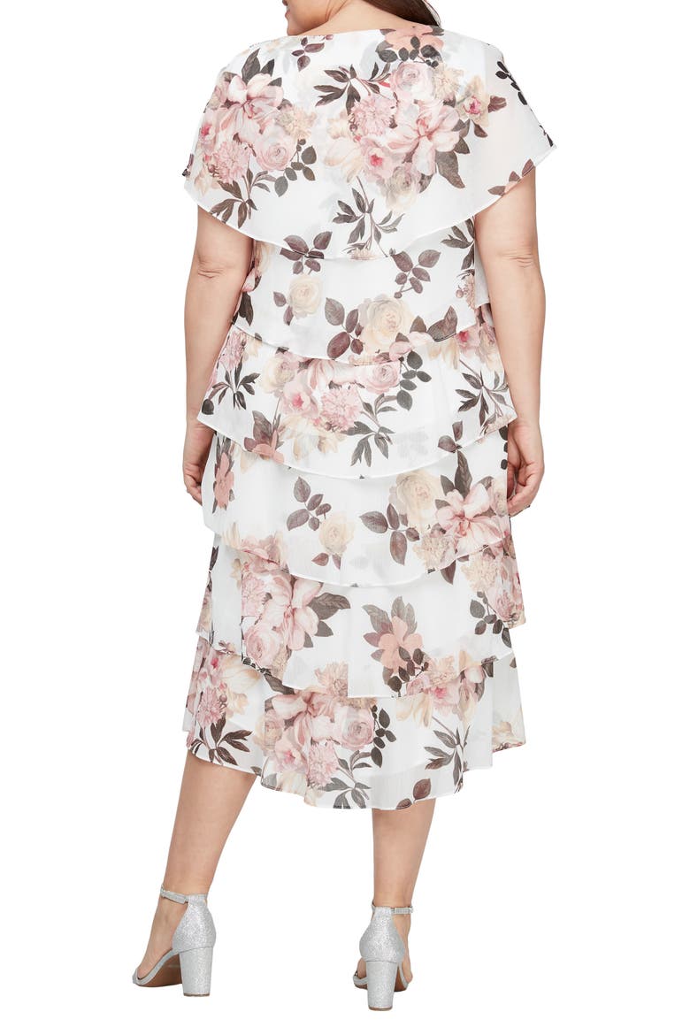 Floral Capelet Tiered Midi Dress, Alternate, color, IVORY/ PINK