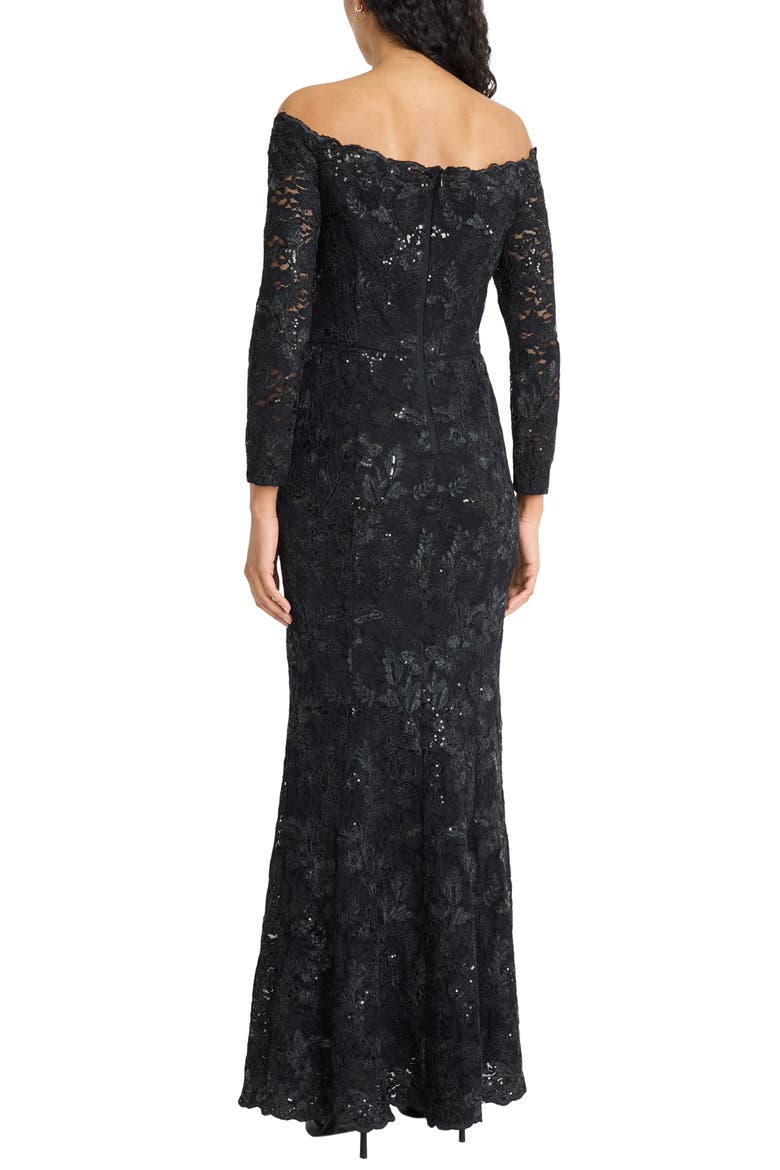 Embellished Off the Shoulder Long Sleeve Gown, Alternate, color, BLACK