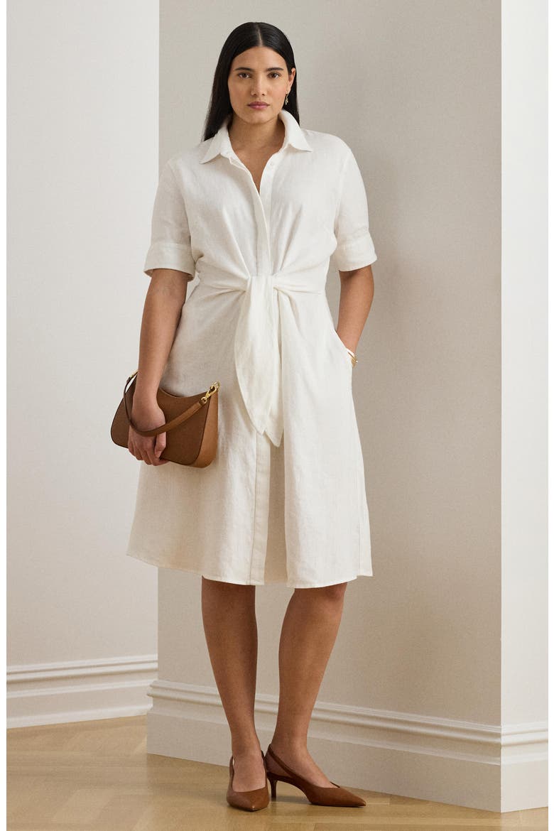 Tie Front Linen Shirtdress, Alternate, color, WHITE
