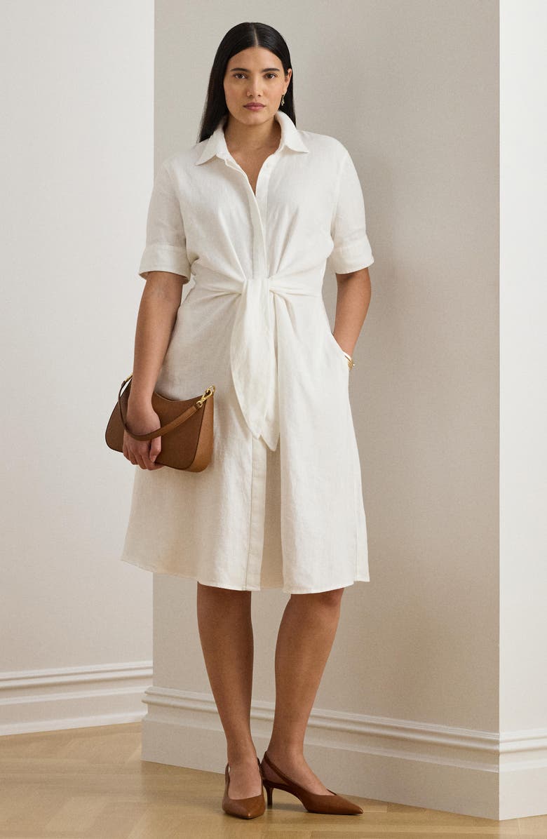 Lauren Ralph Lauren Tie Front Linen Shirtdress, Alternate, color, White