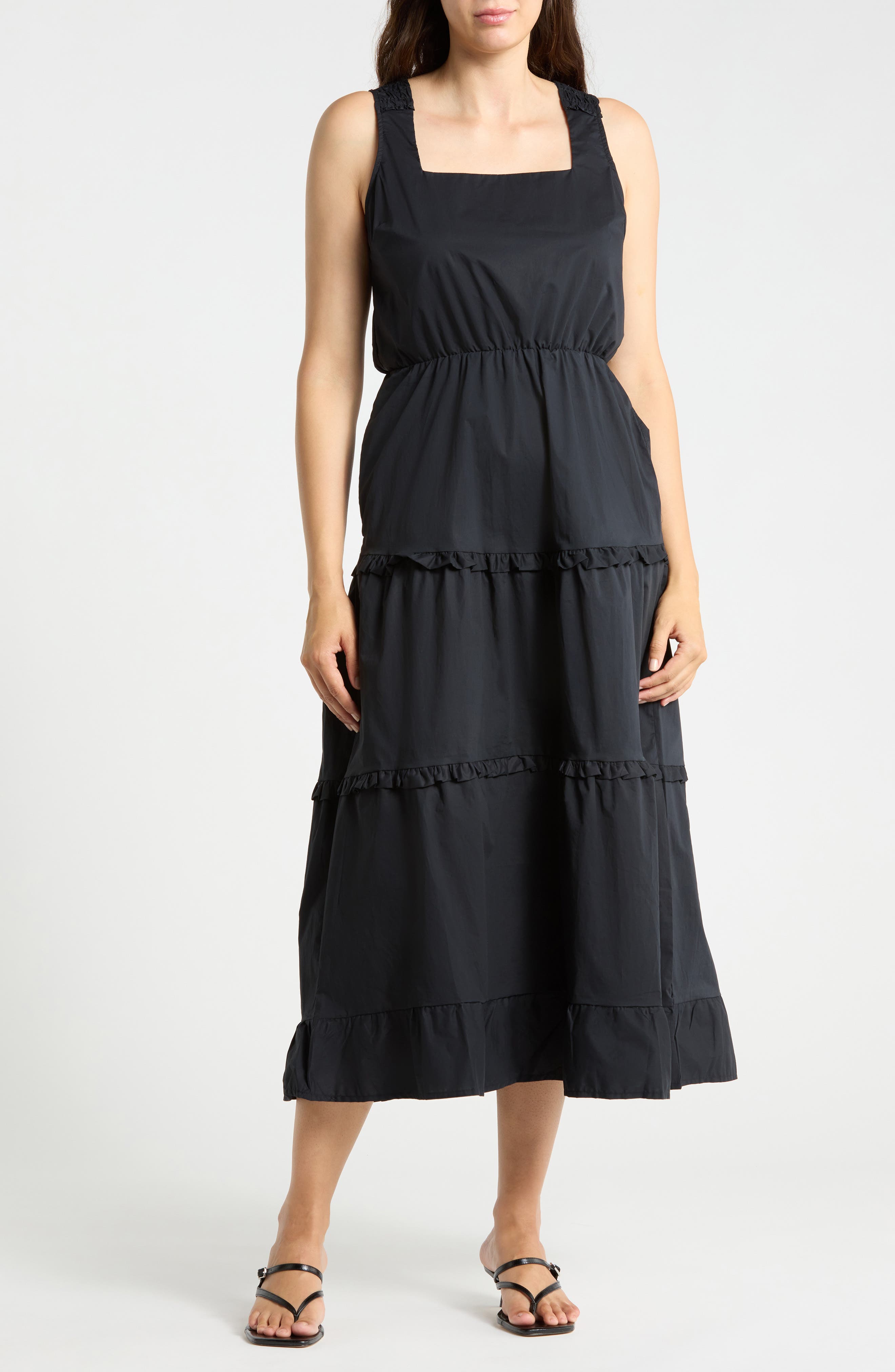 Ruffle Trim Tiered Cotton Maxi Dress