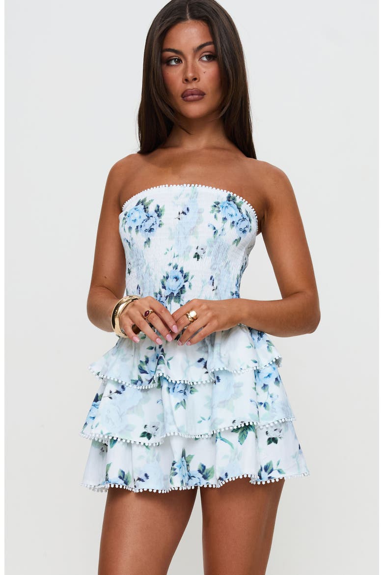 Sunkiss Frill Strapless Minidress, Alternate, color, WHITE/BLUE