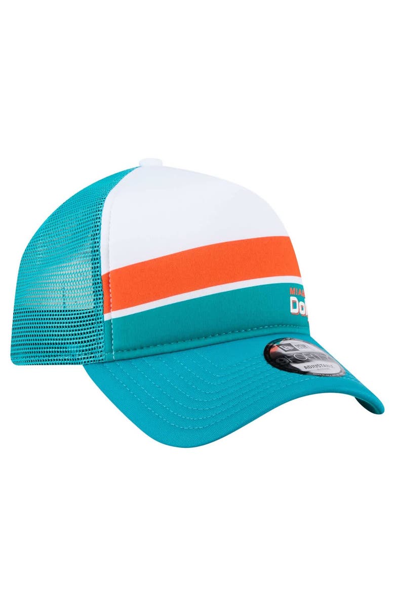 New Era Men's New Era White/Aqua Miami Dolphins Color-Block 9FORTY A-Frame Trucker Adjustable Hat, Alternate, color, White