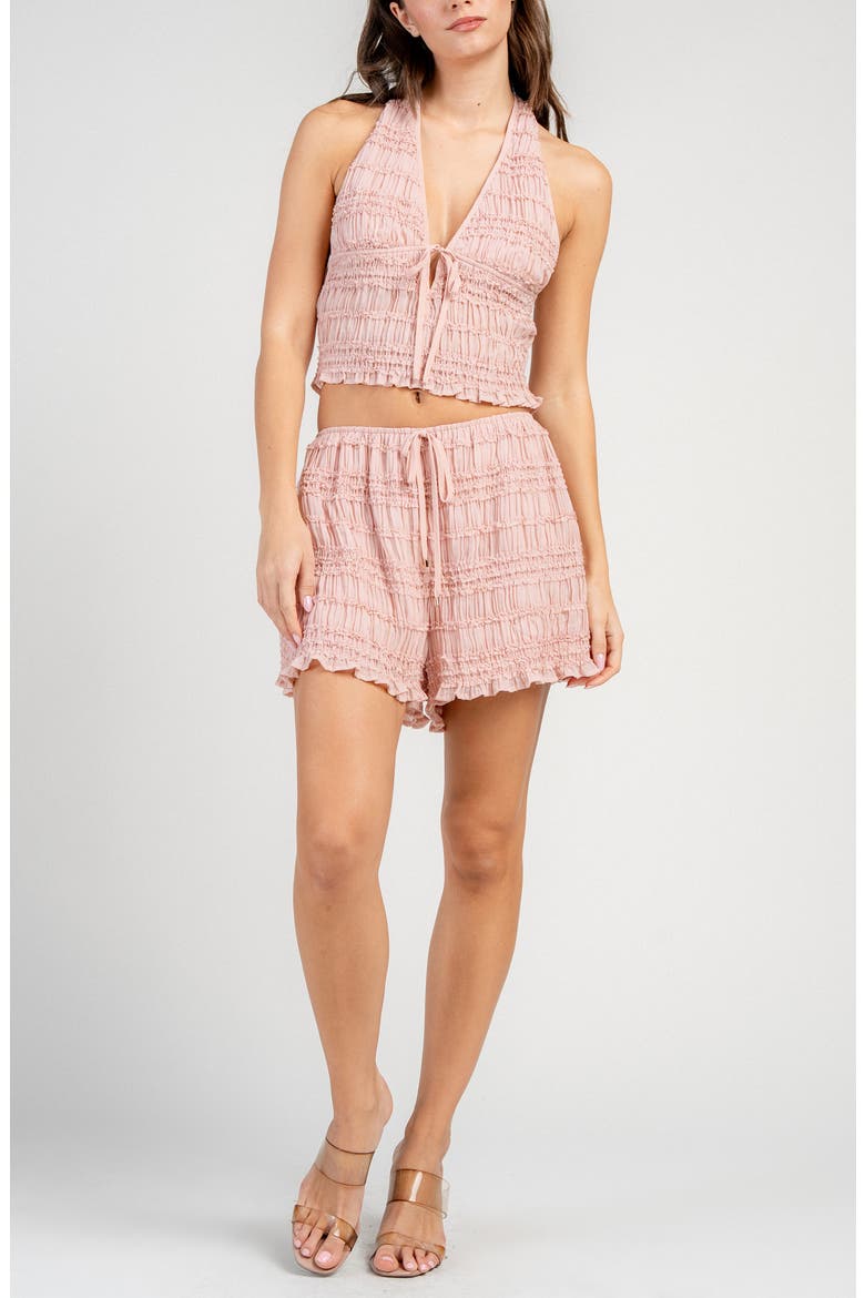 Gauze Halter Neck Crop Tank & Shorts Set, Main, color, PINK