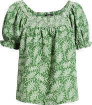 Bobeau Leaf Print Smocked Yoke Top