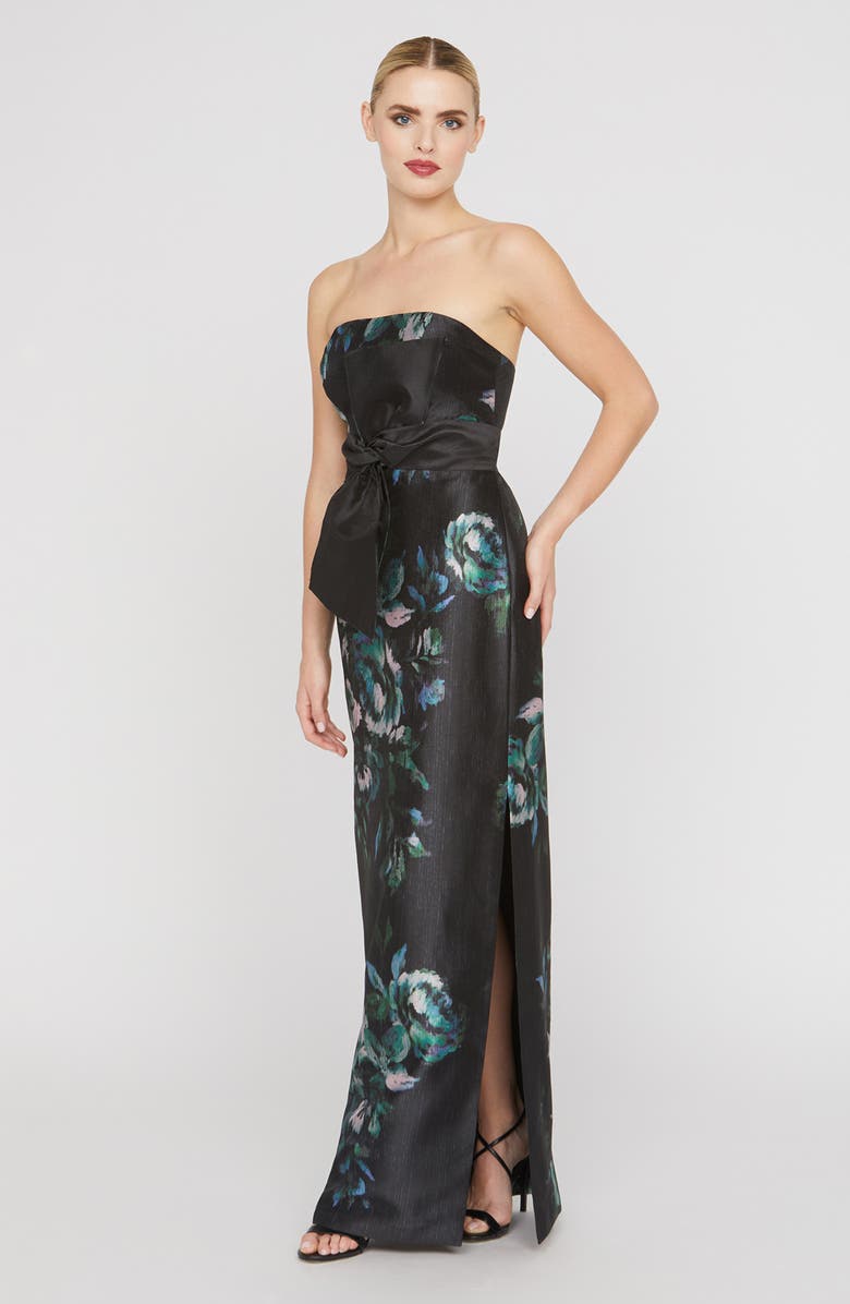 Kay Unger Constance Floral Bow Detail Strapless Column Gown, Alternate, color, Black/ Deep Green