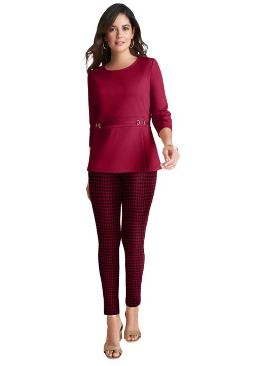Jessica London Ponte Belted Top In Burgundy