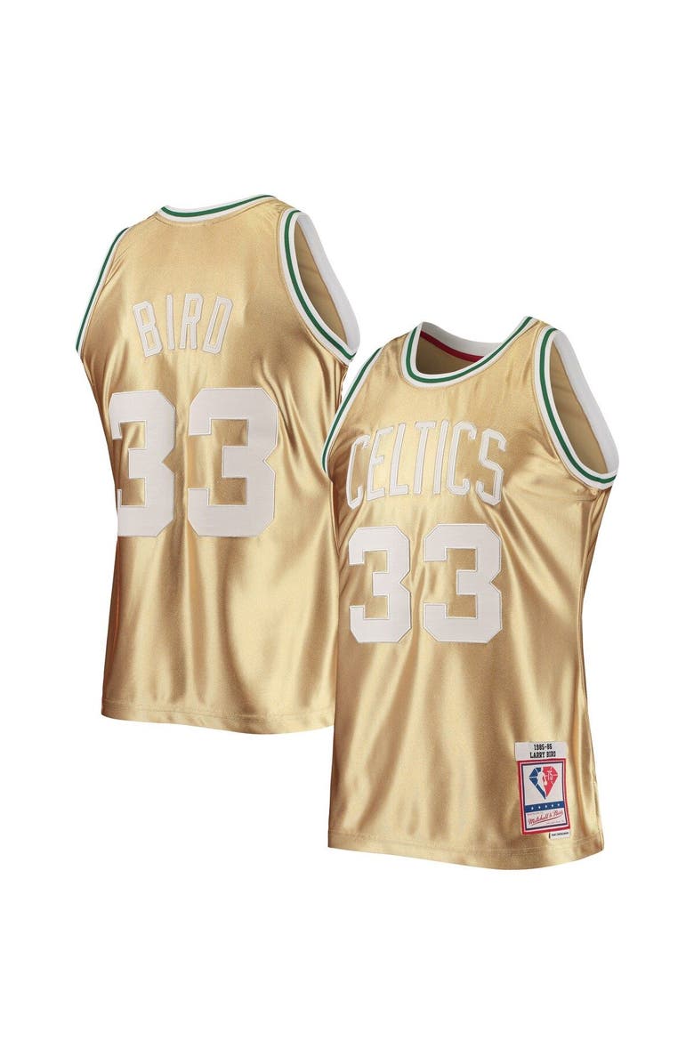Mitchell & Ness Men's Mitchell & Ness Larry Bird Gold Boston Celtics 75th Anniversary 1985/86 Hardwood Classics Swingman Jersey, Main, color, 