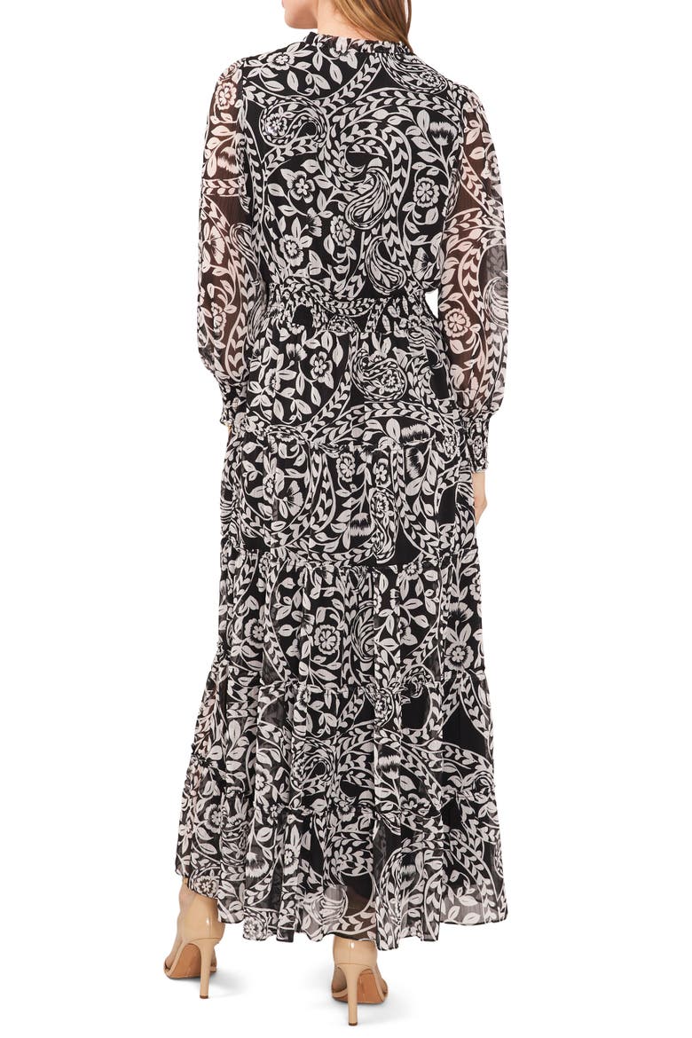 Smocked Waist Long Sleeve Tiered Midi Dress, Alternate, color, BLACK/WHITE