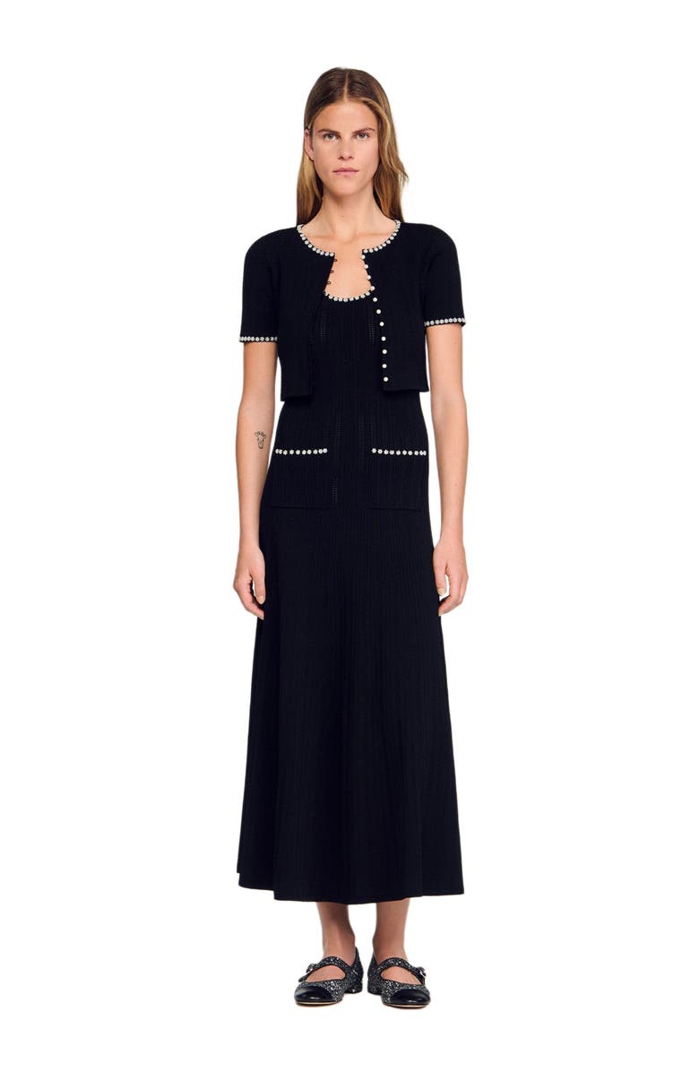 SANDRO Cropped beaded cardigan, Main, color, Black