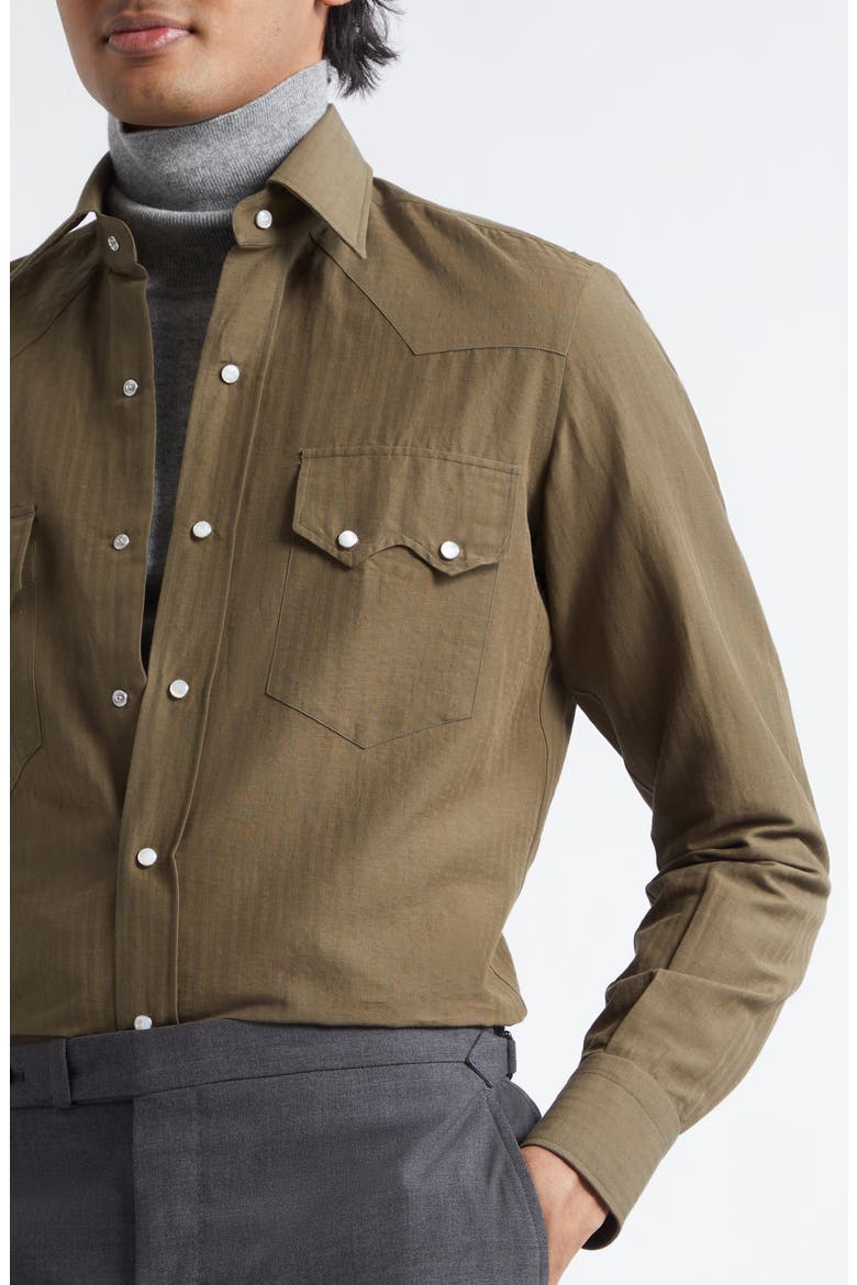 Cotton & Linen Snap-Up Western Shirt, Alternate, color, OLIVE