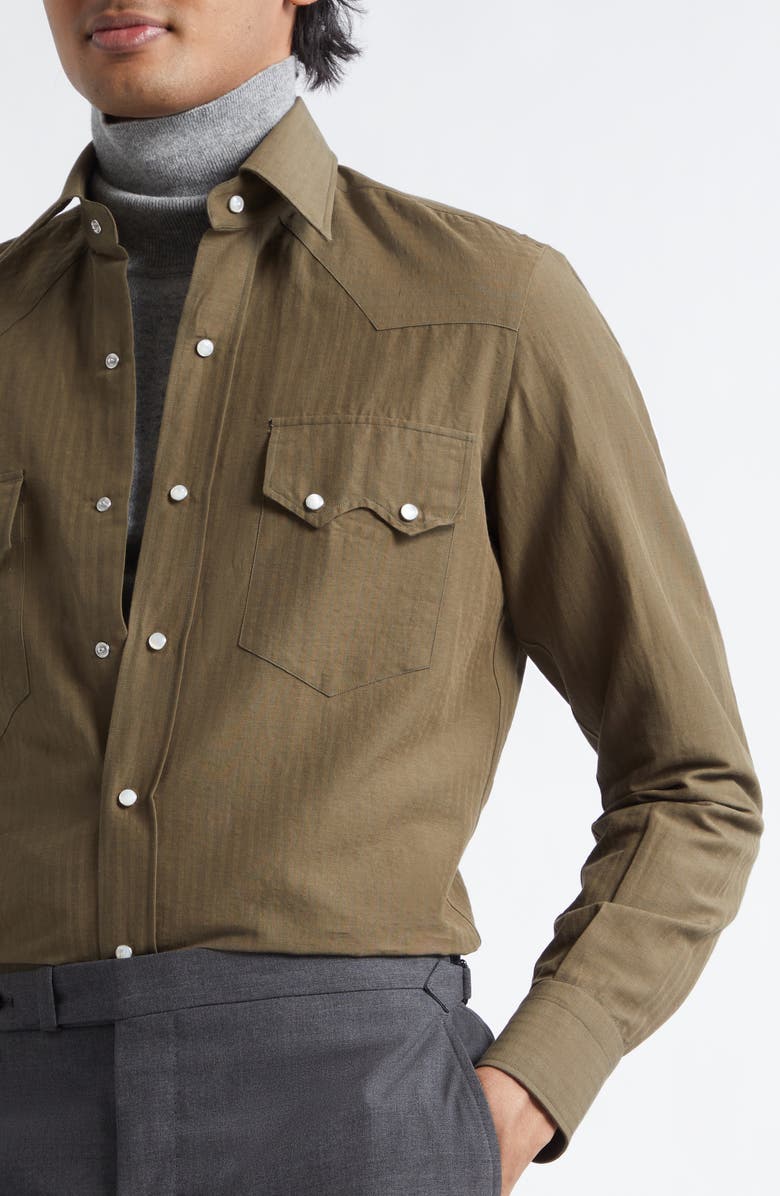 J. Mueser Cotton & Linen Snap-Up Western Shirt, Alternate, color, Olive