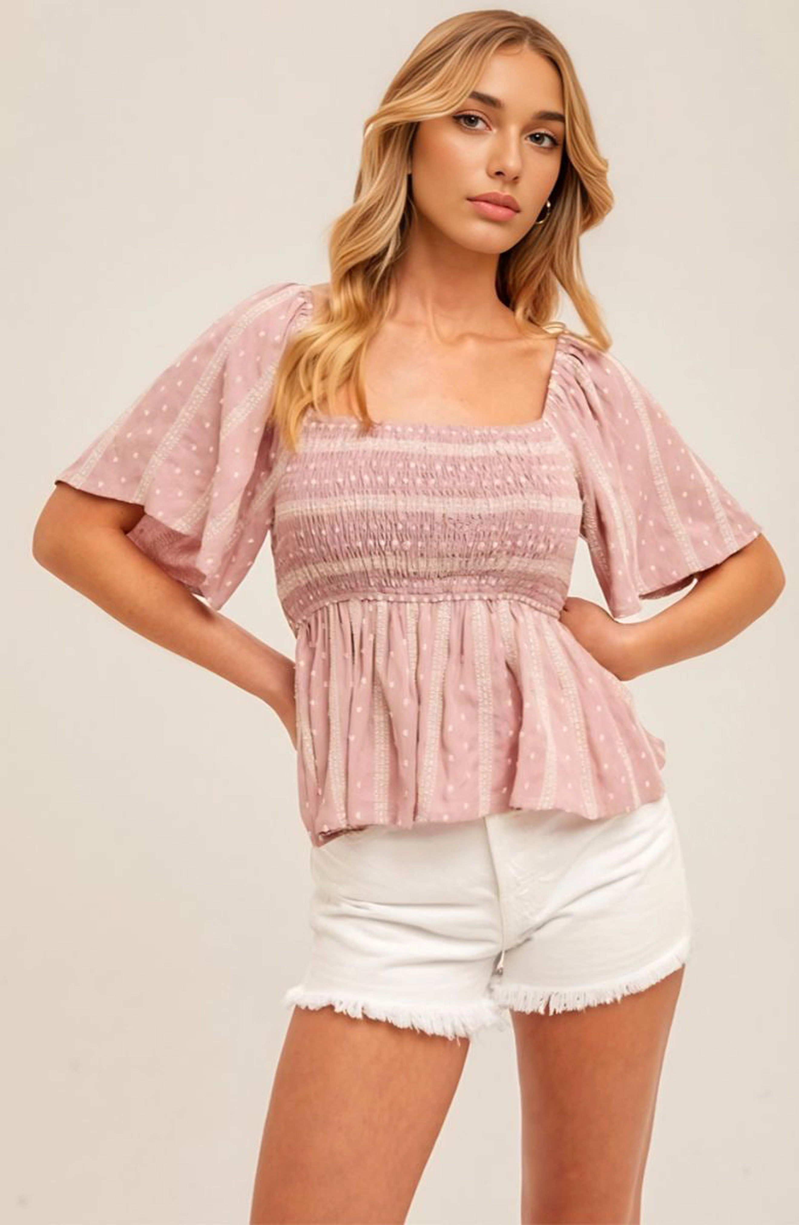Smocked Bodice Peplum Blouse With Flutter Sleeves