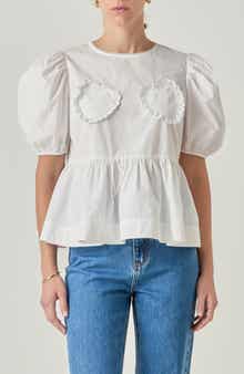Heart Appliqué Puff Sleeve Peplum Top