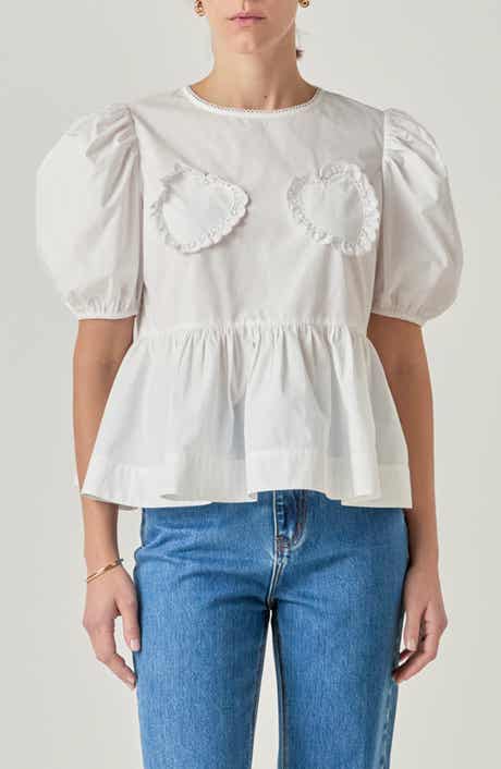 Heart Appliqué Puff Sleeve Peplum Top