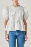 English Factory Heart Appliqué Puff Sleeve Peplum Top