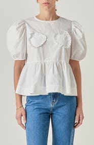 English Factory Heart Appliqué Puff Sleeve Peplum Top