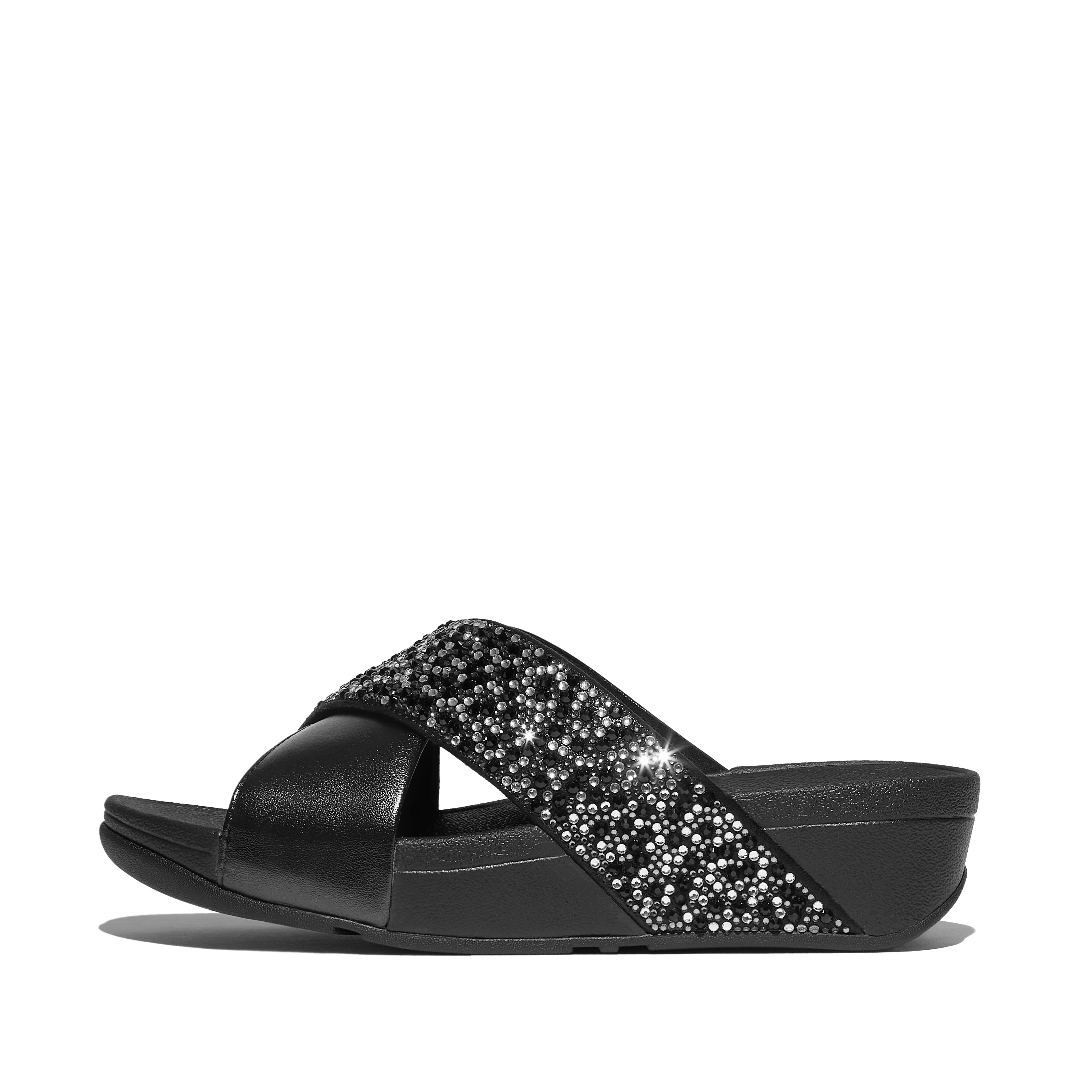 FitFlop Lulu Crystal-mix  metallic cross slides, Alternate, color, All Black