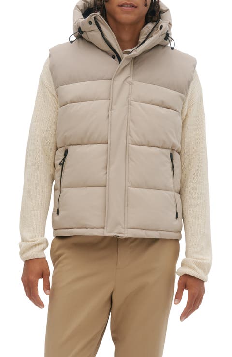 Mixed Media Water Resistant Hooded Puffer Vest
