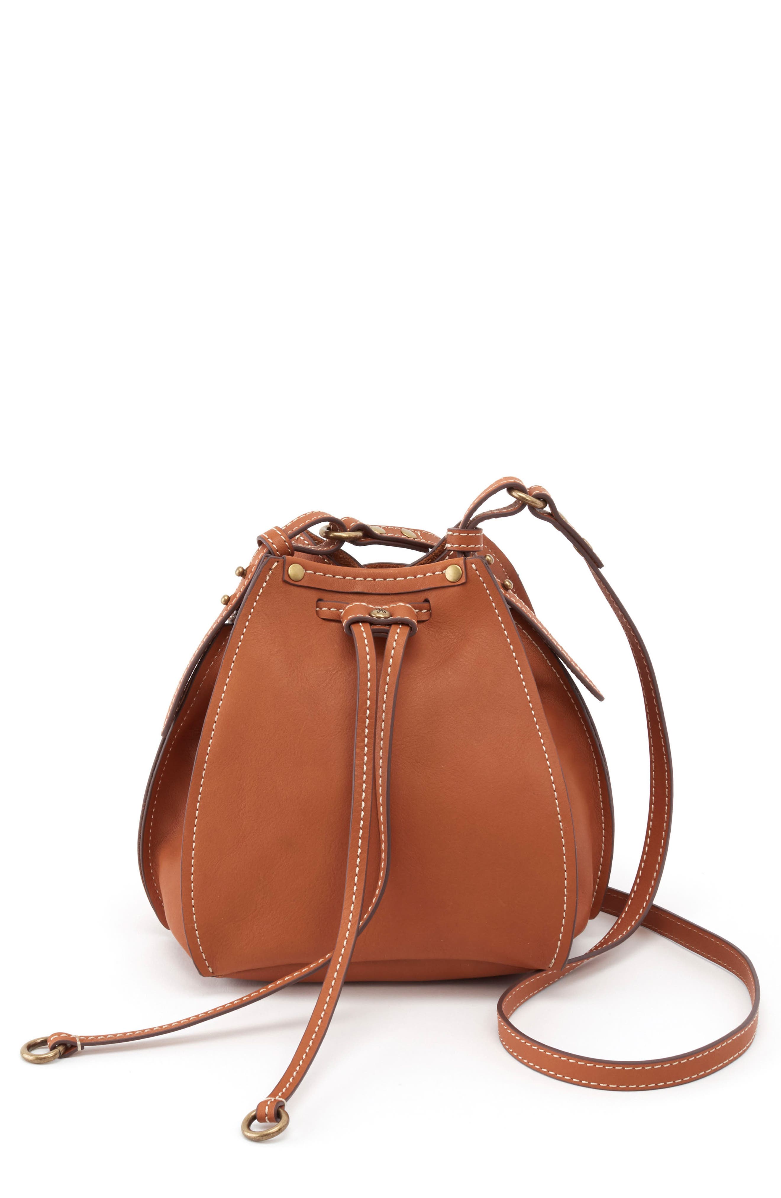 Cinder Drawstring Leather Crossbody Bag, Main, color, SADDLE