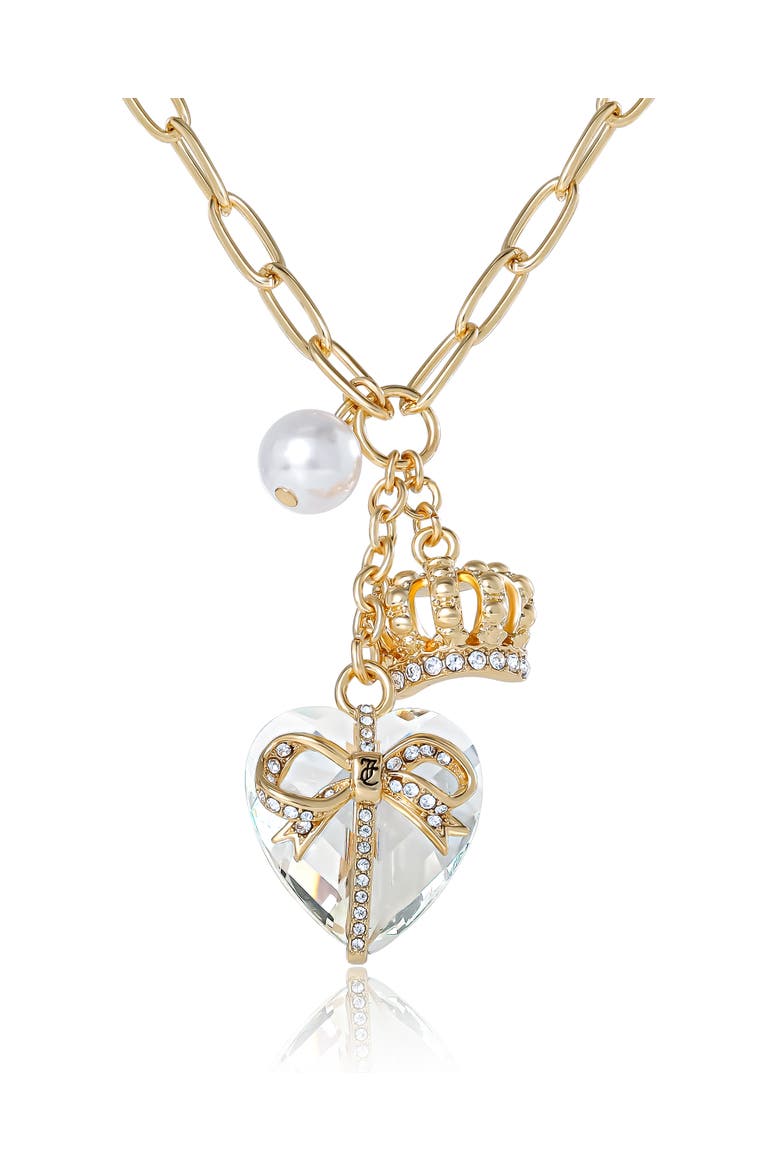 Heart, Crown, Pearl Charm Cluster Necklace, Gold-Tone, Main, color, Gold Tone