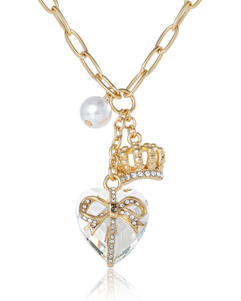 Heart, Crown, Pearl Charm Cluster Necklace, Gold-Tone