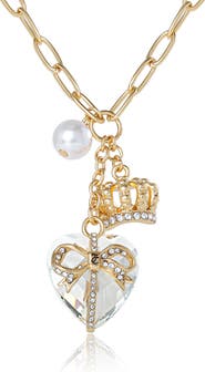 Juicy Couture Heart, Crown, Pearl Charm Cluster Necklace, Gold-Tone