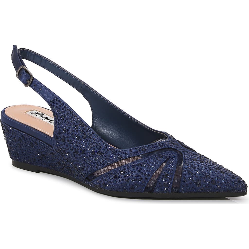 Lady Couture Mesh Rhinestone Slingback Wedge Heel Pump In Blue