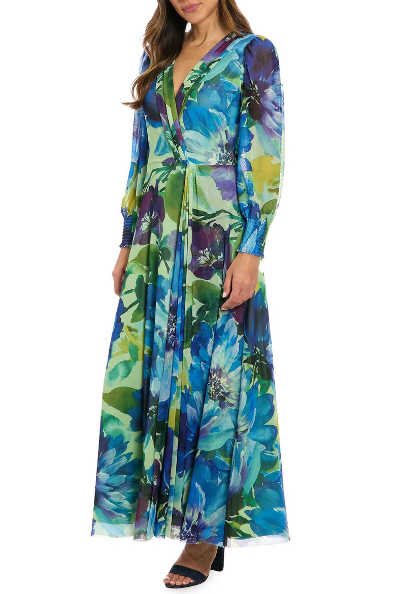 Floral Long Sleeve Mesh Faux Wrap Maxi Dress, Alternate, color, SAGE/ BLUE